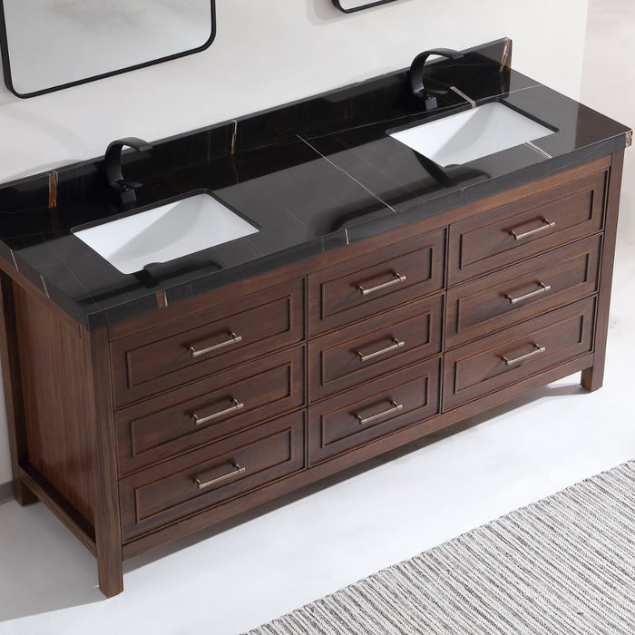 Catia 72" Double Sink Vanity Dark Finish - 2" Black Natural Marble Top with Ceramic Sinks