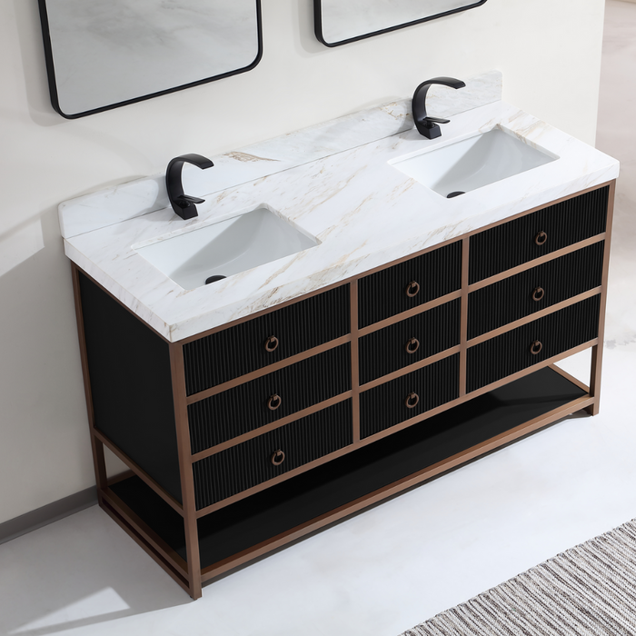 Venza 60" Double Vanity Golden Brush Stainless Steel Frame Tricorn Black Oak Wood – Modern Bathroom Vanity with 2" White Natural Marble Top
