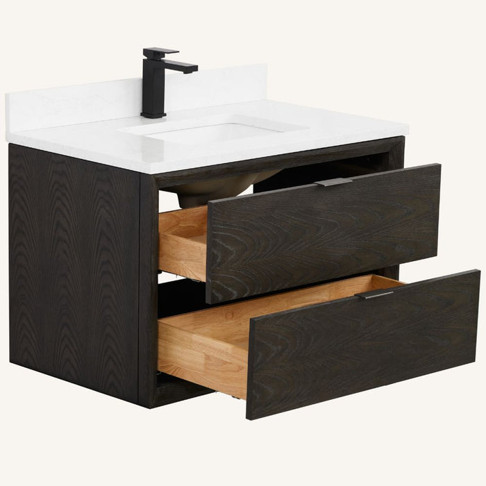 Alley 36" Brown Oak Bathroom Vanity Set - 1" Thick White Artificial Stone Countertop with Drawers