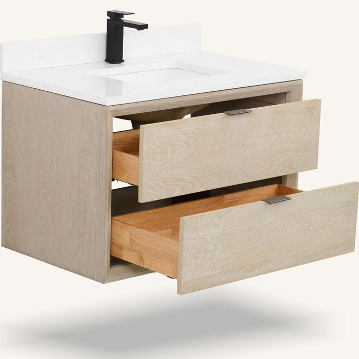 Flax 36" Whitewashed Oak Vanity Cabinet - White Artificial Stone Top with Rectangle Basin & Soft Close Drawers