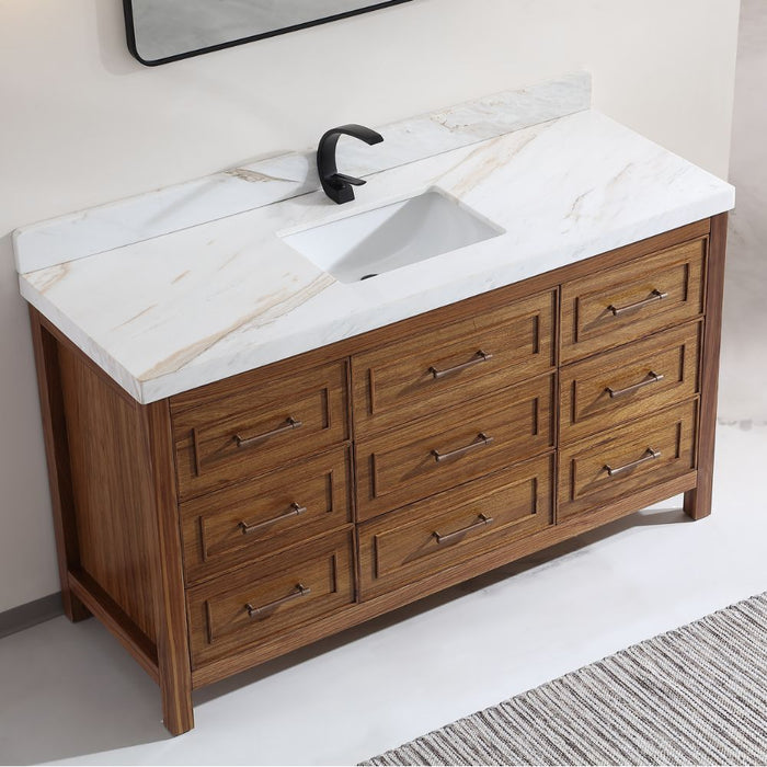 60" Ebony Single Sink Vanity – Modern Freestanding with 2" White Marble Countertop & Ceramic Basin