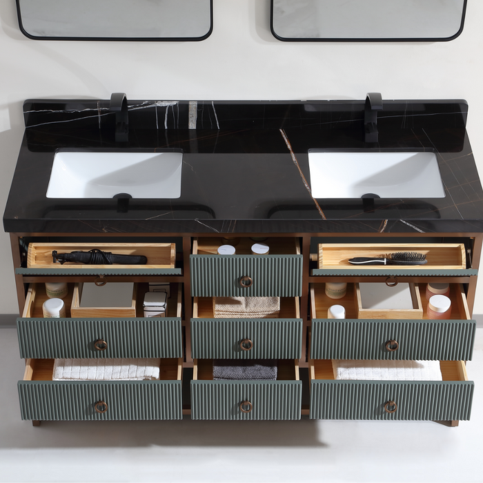 Cadencia 60" Pewter Green Double Vanity with Golden Brush Stainless Steel Frame – Modern Industrial Style with 2" Black Natural Stone Top