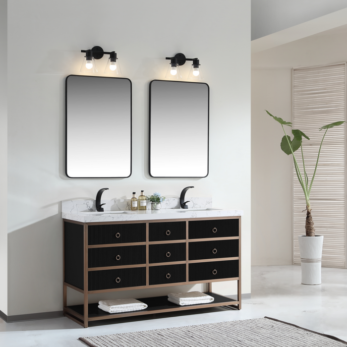 Mabelle 60" Tricorn Black Golden Stainless Steel Double Bathroom Vanity – Modern Oak Frame with White Stone Top
