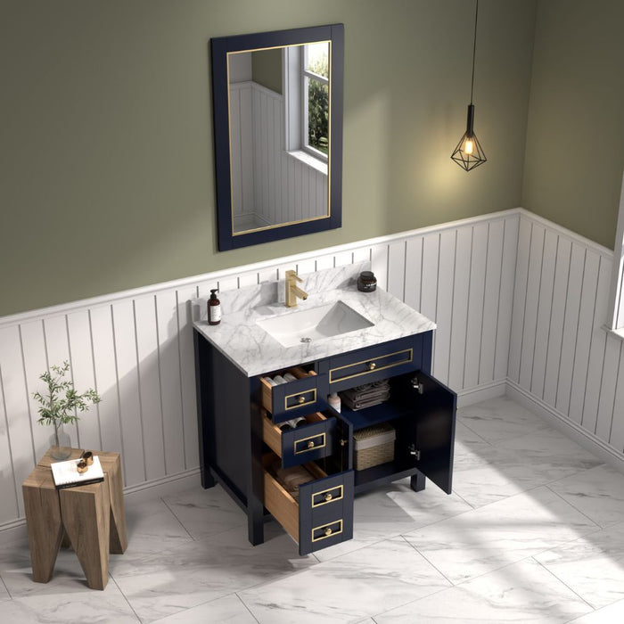 Jacy 36" Blue Wood Bathroom Vanity with Carrara White Top, Single Sink, and Dovetail Drawers
