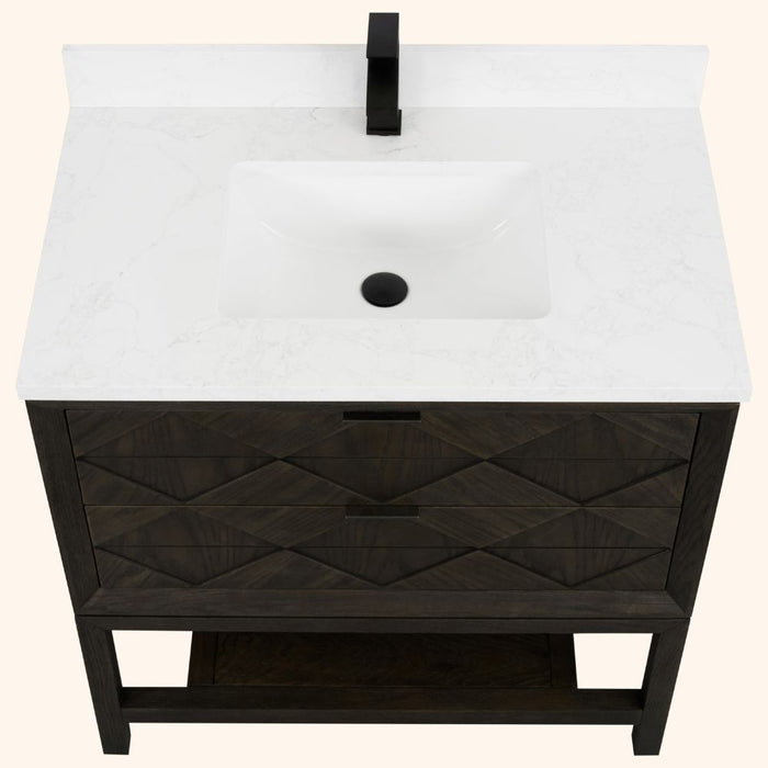 Bates 36" Brown Oak Single Sink Bathroom Vanity with Artificial Stone Top - 2 Drawer 1 Shelf