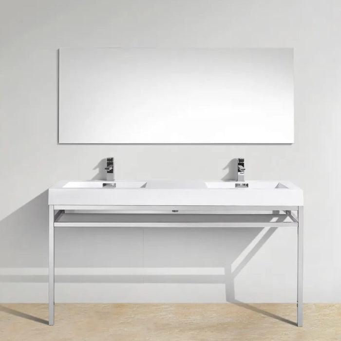 Crius 60" Chrome Double Sink Bathroom Console – 316L Stainless Steel Vanity with White Composite Sink