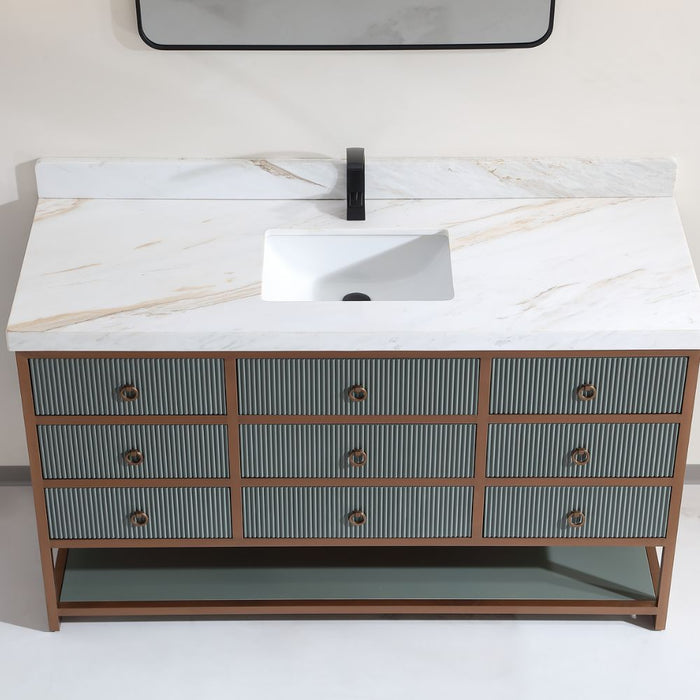 Annetha 60" Single Vanity Pewter Green Golden Brush Stainless Steel Frame – Modern Bathroom Vanity with 2" White Natural Stone Top