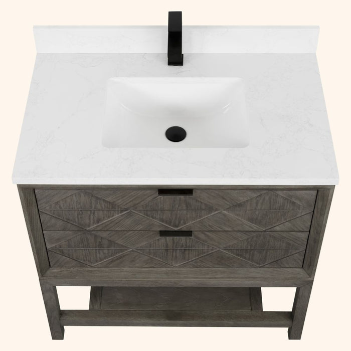 Janis Modern 36" Grey Oak Vanity on Legs with White Artificial Stone Top – 2-Drawer Bathroom Storage