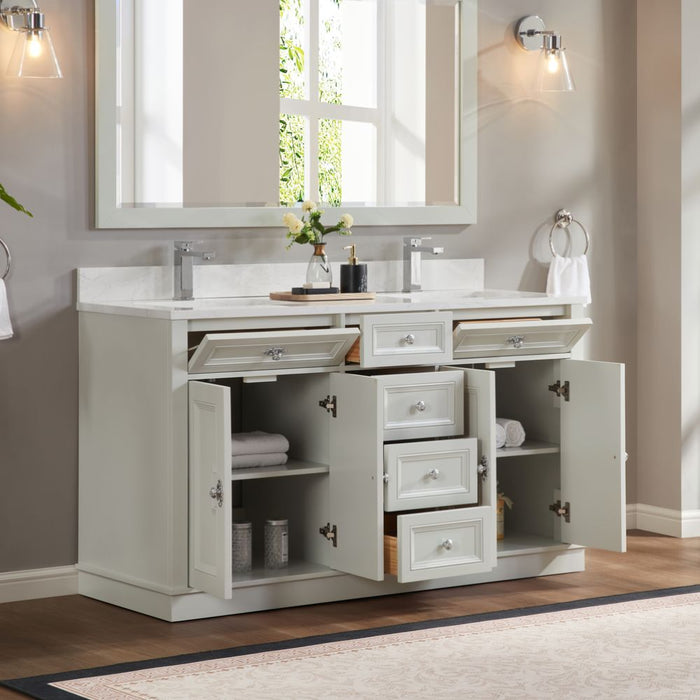 Rosine 60" Single Sink Bathroom Vanity Solid Wood Silver Strand with Artificial Stone Top & Soft Close Drawers