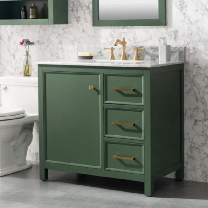 36" Luminescence Green Finish Bathroom Vanity - Carrara Marble Countertop with Ceramic Sink & Soft-Close Drawers