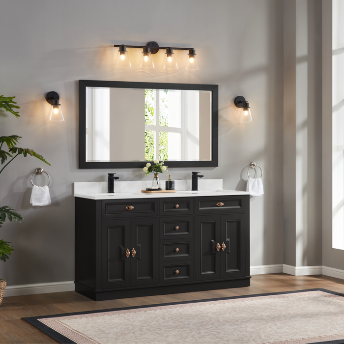 Louvain 60" Tricorn Black Freestanding Bathroom Vanity with Stone Countertop and Soft-Close Drawers