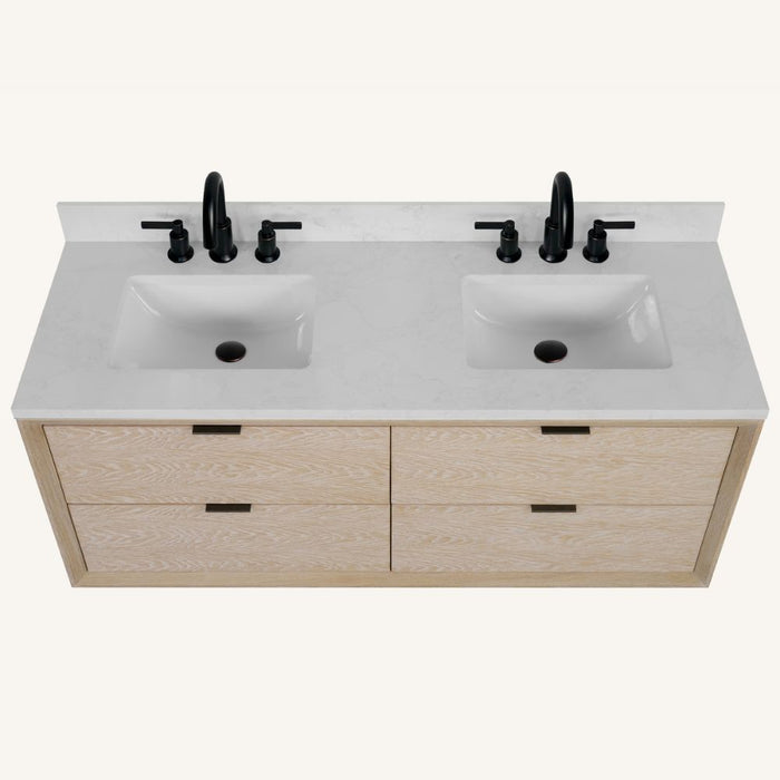 Adra 60" Whitewashed Oak Bathroom Vanity with 1" White Artificial Stone Countertop - Single Sink Free-Standing Vanity