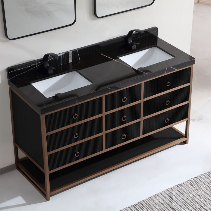 72" Double Vanity With Golden Brush Stainless Steel Frame And Tricorn Black Finish With 2' Thick Black Natual Stone Top