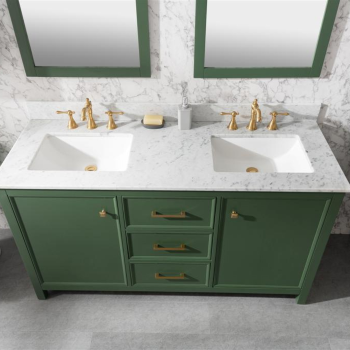 60" Seva Green Finish Double Sink Bathroom Vanity Cabinet with Carrara White Marble & 3 Drawers