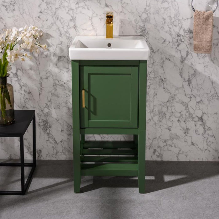 18" Aura Green Sink Vanity Unit – White Ceramic Top with Door Storage