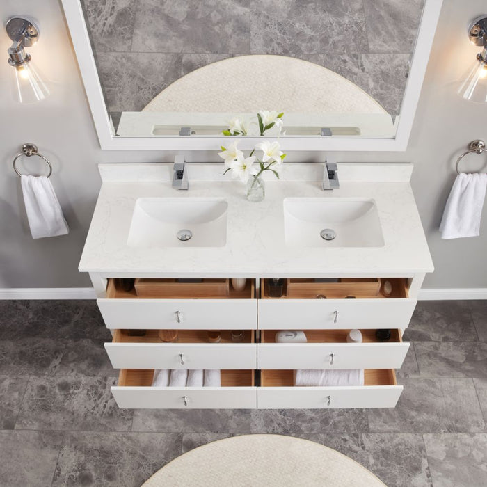 Samuel Classic 60" White Solid Wood Bathroom Vanity - Single Undermount Sink with Artificial Stone Top & 6 Dovetail Drawers