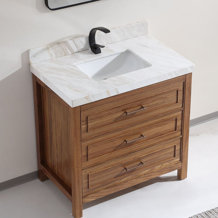 36" White Natural Marble Bathroom Vanity - Contemporary Wood Frame with Ceramic Sink