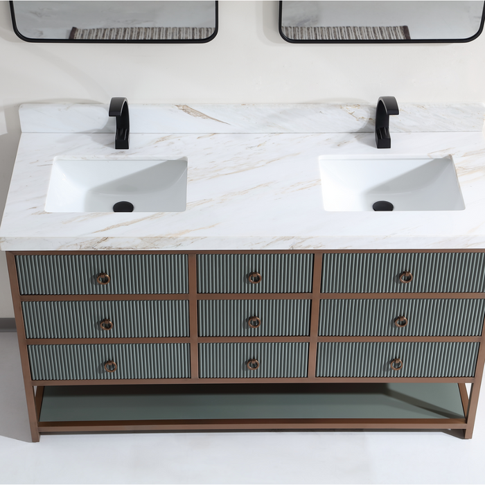60" Double Vanity Stainless Steel Golden Brush Frame – Contemporary Pewter Green 2" White Marble Top 9 Drawers
