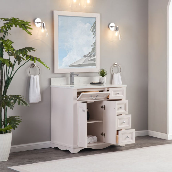 Rainier 36" Dreamy White Finish Bathroom Vanity with Artificial Stone Countertop & Dovetail Drawers