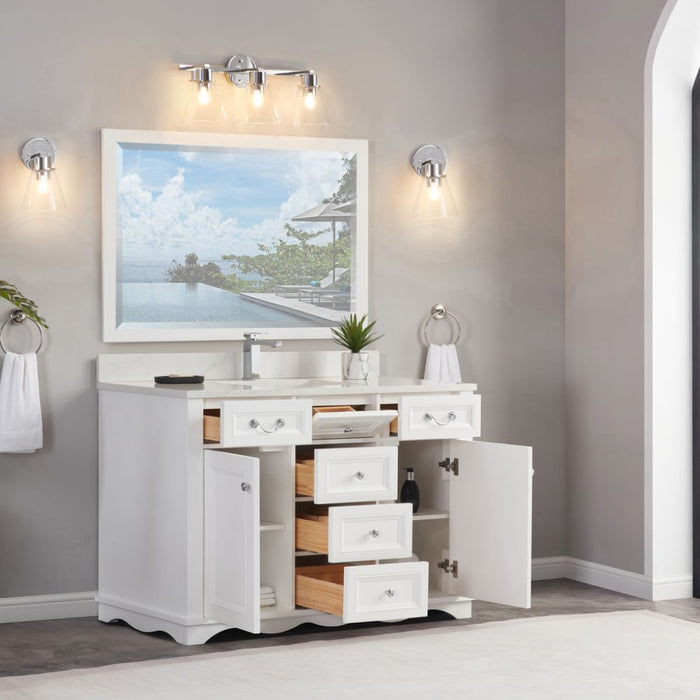Arielle 48" White Wood Single Sink Vanity Cabinet - Artificial Stone Countertop, Soft-Close Doors & 5 Drawers