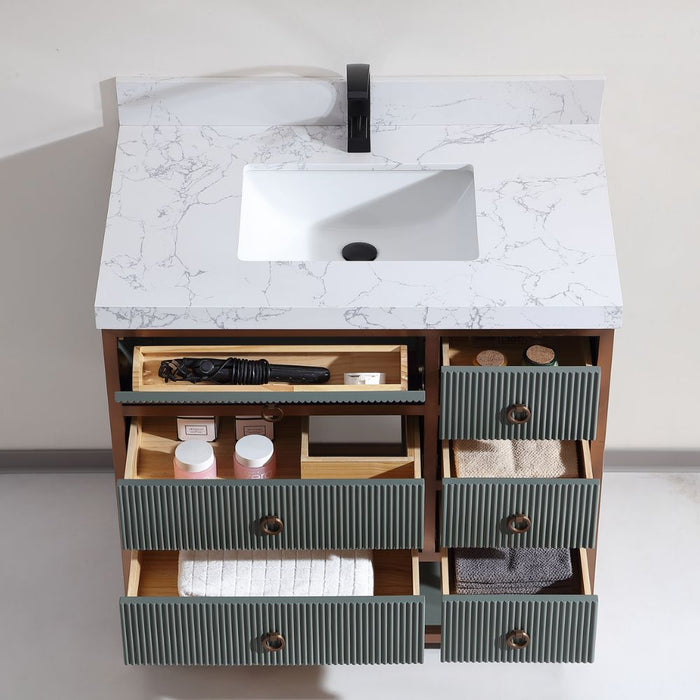 Napoleon Contemporary 36" Pewter Green Golden Brush Vanity Cabinet – Solid Oak Frame with White Ceramic Sink & Stone Top