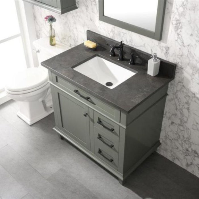 Cato 36" Blue Limestone Top Bathroom Vanity Cabinet - Pewter Green with Drawers & Ceramic Sink