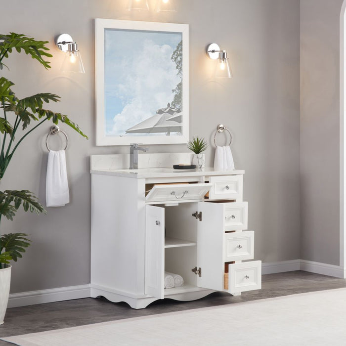 Vologne 36" White Solid Wood Bathroom Vanity Cabinet with Artificial Stone Top, Soft-Close Drawers & Dovetail Construction