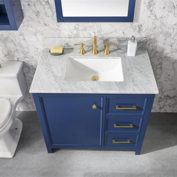 Estra 36" Blue Wood Vanity Cabinet with White Carrara Marble Top and Ceramic Sink - Modern 3-Drawer Design