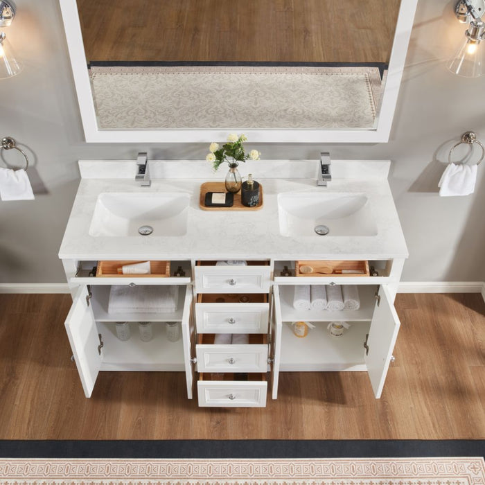 Aveneil Classic 60" White Solid Wood Single Sink Bathroom Vanity with Artificial Stone Top and Soft-Close Drawers