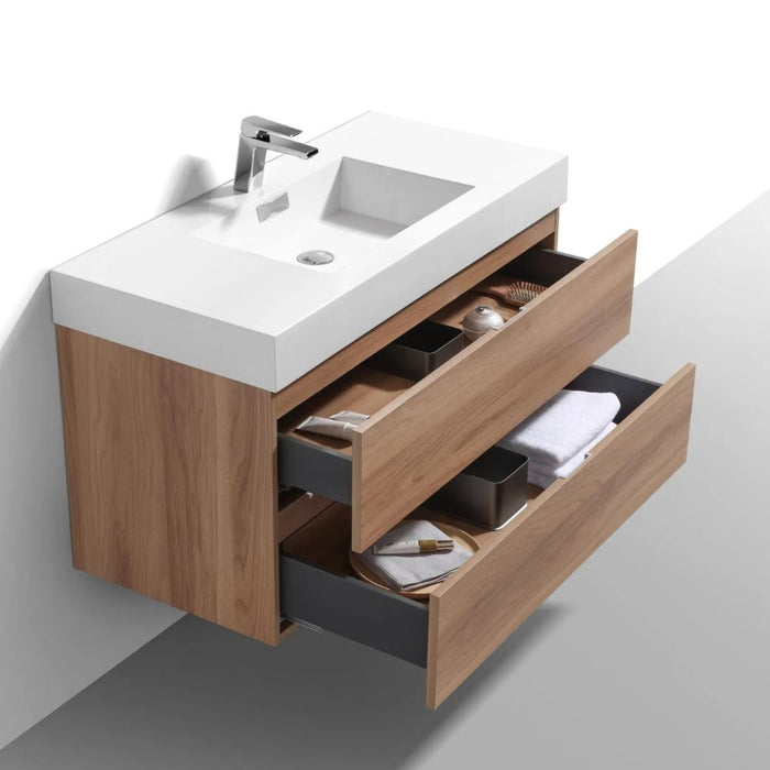 Adrin 36" Honey Oak Wood Wall Mount Modern Bathroom Vanity – European Soft-Close Drawers & Single Hole Faucet