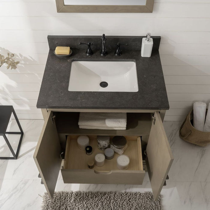 Hawley 30" Antique Gray Oak Bathroom Vanity – Blue Limestone Countertop with Soft Close Hardware