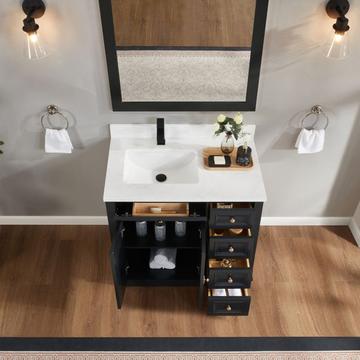 Tritan 36" Solid Wood Tricorn Black Bathroom Sink Vanity with Soft-Close Doors & Stone Countertop