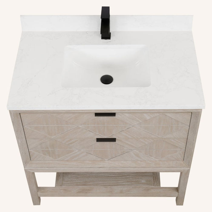 Harding 36" Whitewashed Oak Wood Vanity with White Stone Top - 2 Drawer Bathroom Cabinet
