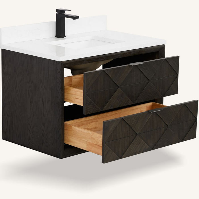 Gigi Traditional 36" Single Bathroom Vanity in Brown Oak – Free-Standing with White Stone Top & Pre-Drilled Faucet Hole