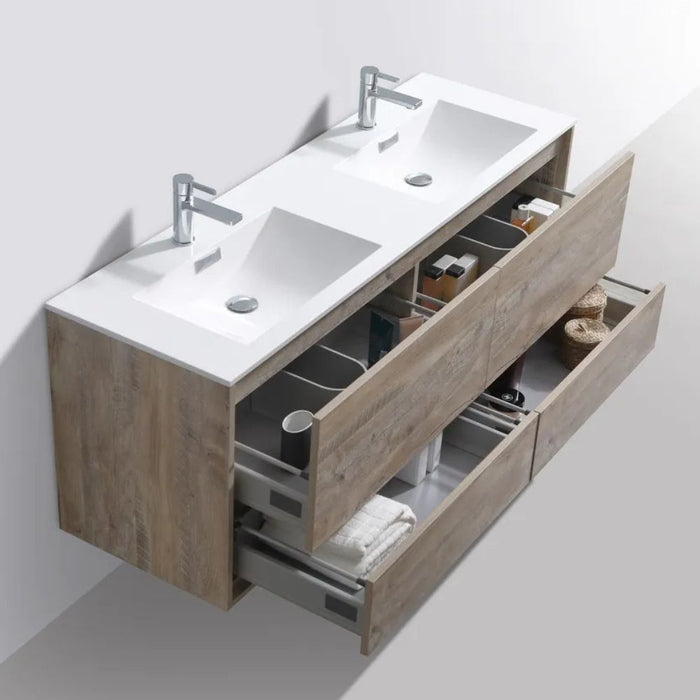 Odilia Nature Wood 60" Wall Mount Double Sink Vanity – Modern Bathroom Vanity with 4 Drawers