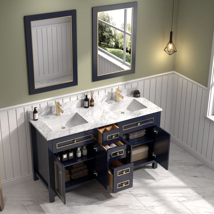 Fella 60" Blue Painted Bathroom Vanity Cabinet with Carrara Marble Top & 4 Soft Close Doors