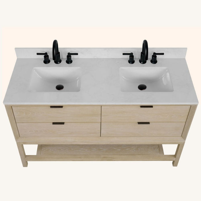 Miren 60" Whitewashed Oak Wood Vanity with Legs – White Stone Top & 3-Hole Faucet Drilling