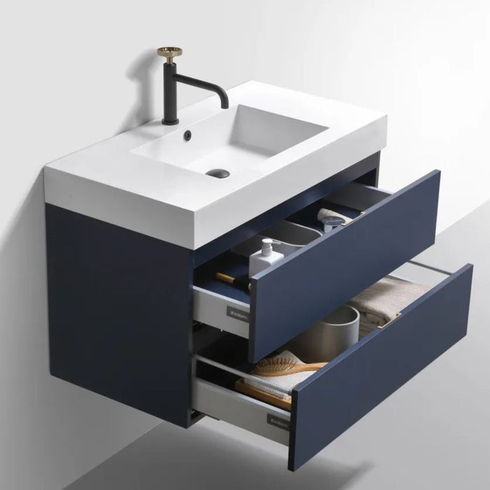 Donahue 36" Blue Wood Veneer Modern Wall Mount Bathroom Vanity – Contemporary Design with Soft-Closing Drawers