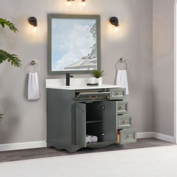 Sanaki 36" Solid Wood Bath Vanity French Contemporary Pewter Green Finish with Artificial Stone Top & 4 Drawers