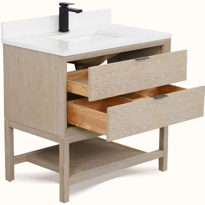 Warren 36" Oak Bathroom Vanity with Drawer - Whitewashed Finish Single Sink Vanity with White Stone Top