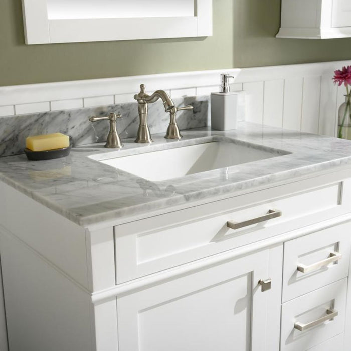 Mozaika 36" White Bathroom Vanity with Carrara Marble Countertop, Ceramic Sink & Tilt-Out Tray