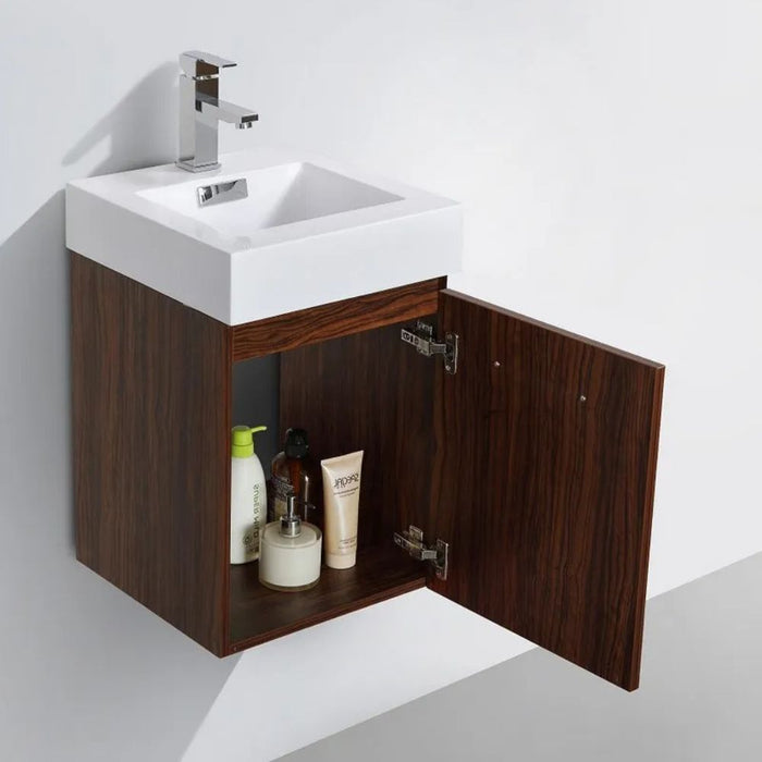 Homer 16" Walnut Wall Mount Bathroom Vanity – Modern Single Door with Soft-Close Hardware