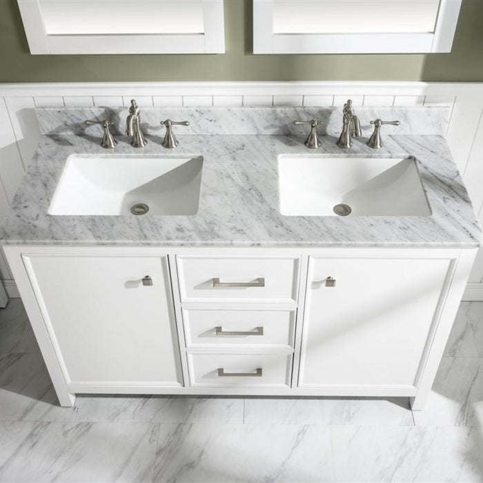 Barnstorm 54" White Modern Double Sink Bathroom Vanity with Carrara Marble Top & Storage Drawers