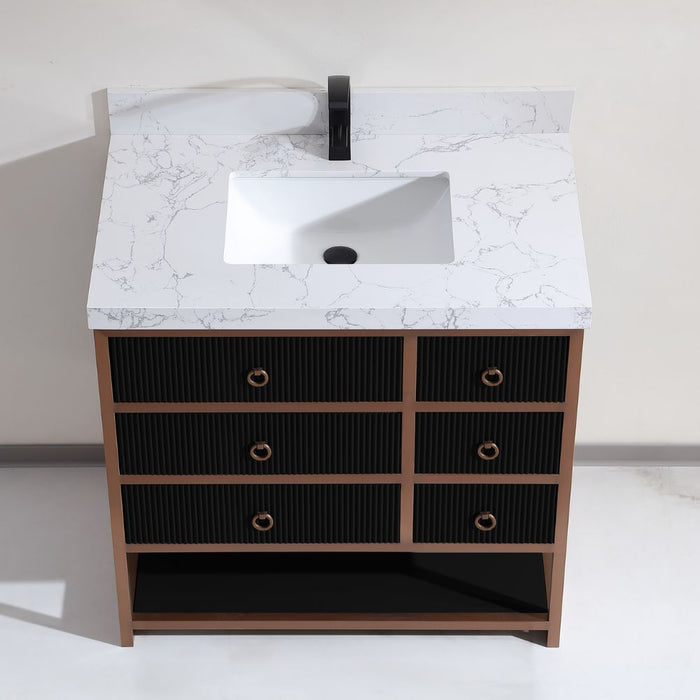 FusionBath Premium 36" Tricorn Black Oak Wood Vanity – Golden Brushed Steel Frame with White Artificial Stone Top & Soft-Close Drawers