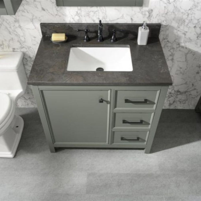 Sohan 36" Single Sink Vanity in Pewter Green - Blue Limestone Top, Pre-Drilled, 3 Drawers with Organizer