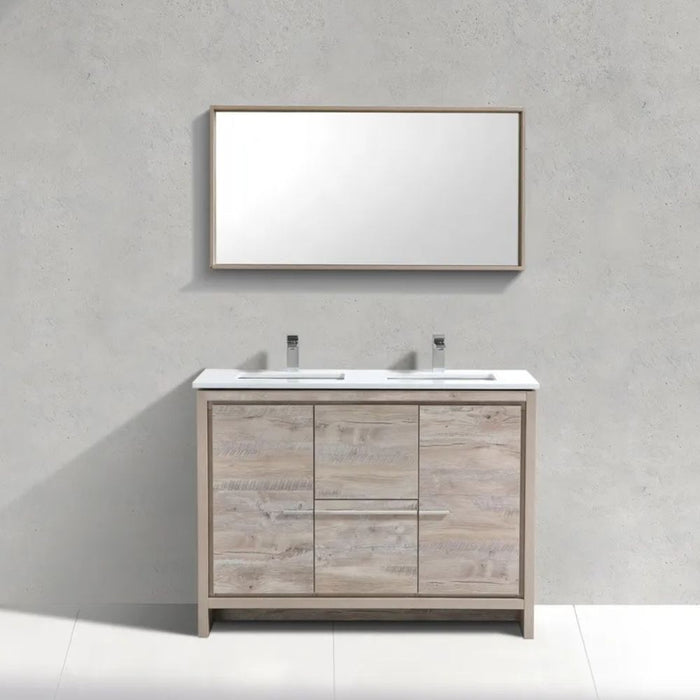 Brevin 48" Nature Wood Double Vanity Cabinet – Modern Bathroom Vanity with White Quartz Top & Soft-Close Hardware