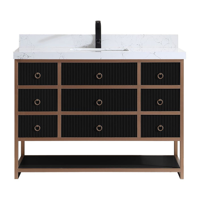 Fannie 48" Tricorn Black Oak Wood Bathroom Vanity with Golden Stainless Steel Frame - 8 Drawer Storage