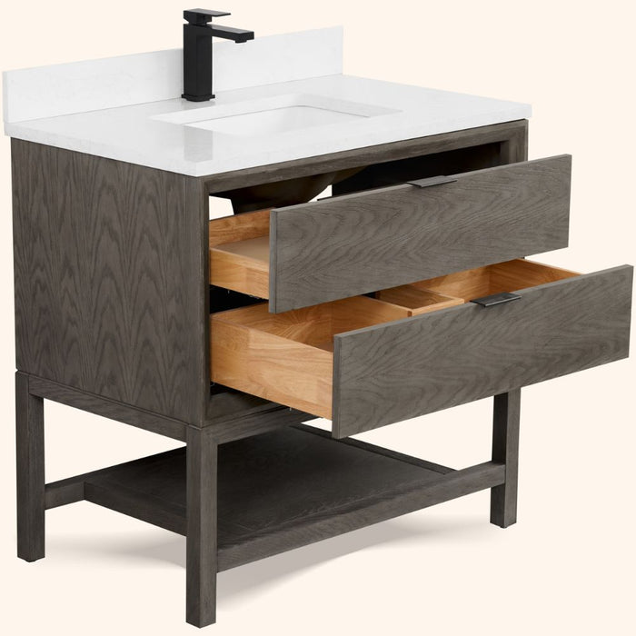 Grimson 36" Grey Oak Finish Single Sink Vanity – Free-Standing Bathroom Cabinet with White Artificial Stone Top