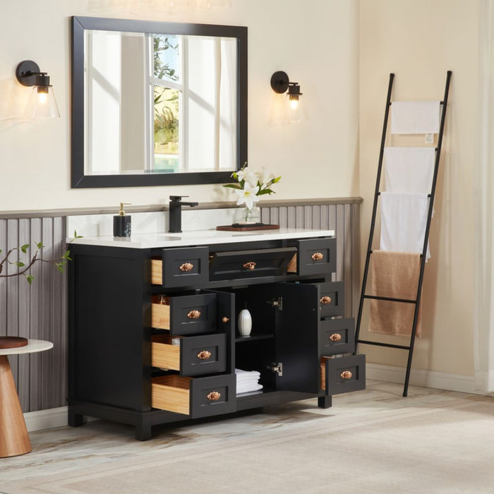 Haversham 48" Tricorn Black Free-Standing Single Vanity - Solid Wood Construction with 8 Dovetail Drawers & Stone Top