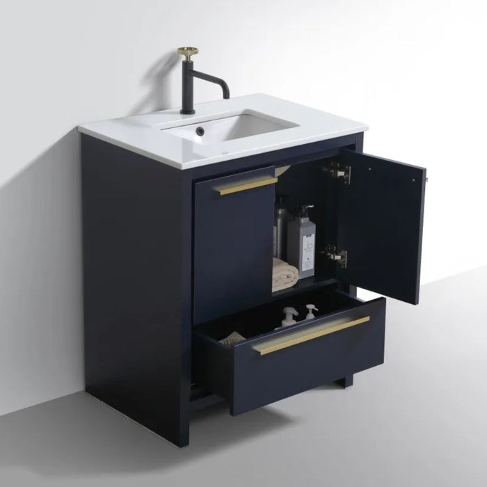 Kaisley 30" Blue Modern Vanity Cabinet with White Quartz Counter - Soft Closing Hardware